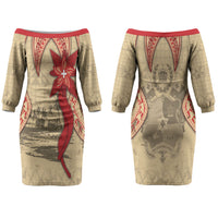 Tonga Language Week Couples Matching Off The Shoulder Long Sleeve Dress and Long Sleeve Button Shirt Tribal Cross Ngatu Floral Pattern