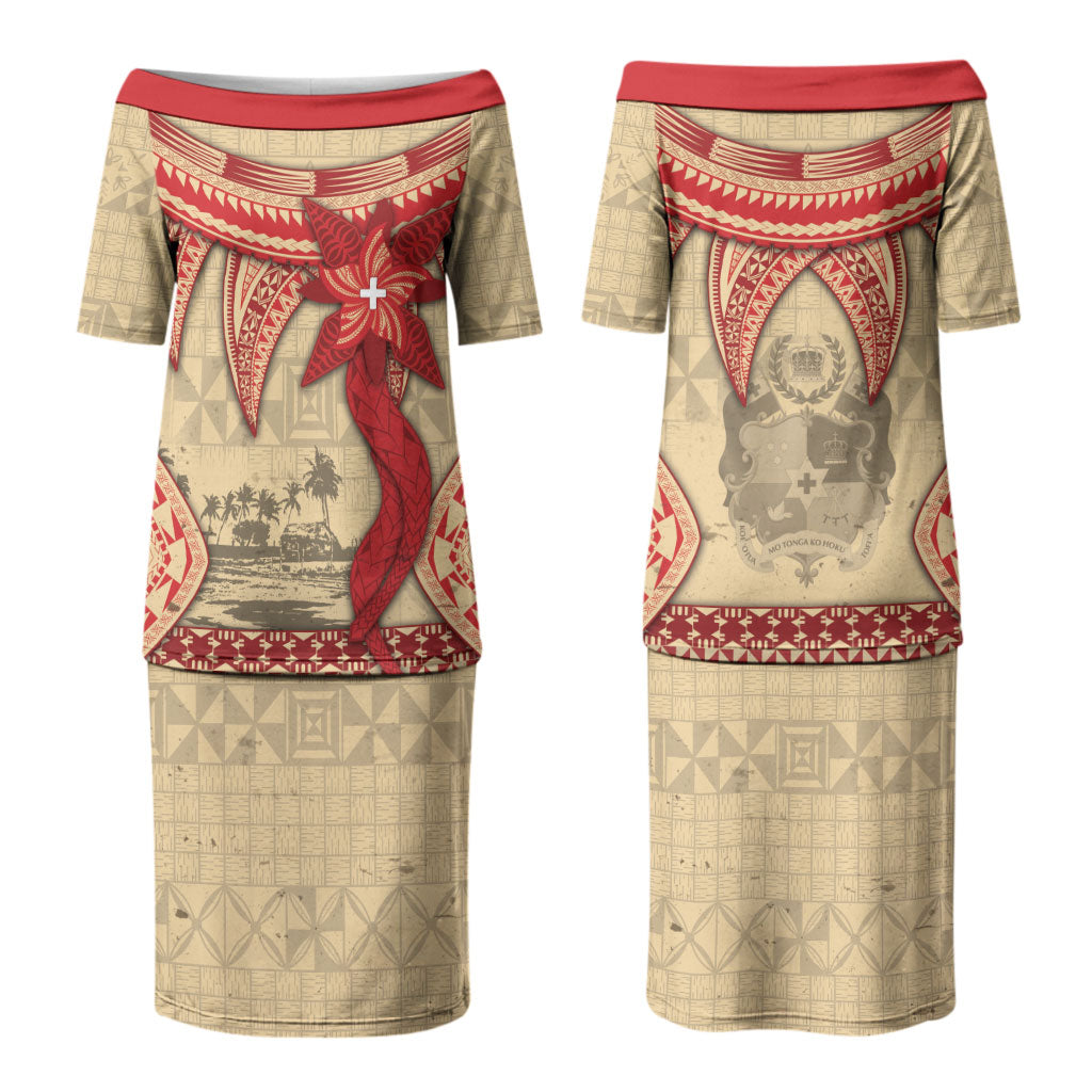 Tonga Language Week Couples Matching Puletasi and Long Sleeve Button Shirt Tribal Cross Ngatu Floral Pattern