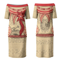 Tonga Language Week Couples Matching Puletasi and Long Sleeve Button Shirt Tribal Cross Ngatu Floral Pattern