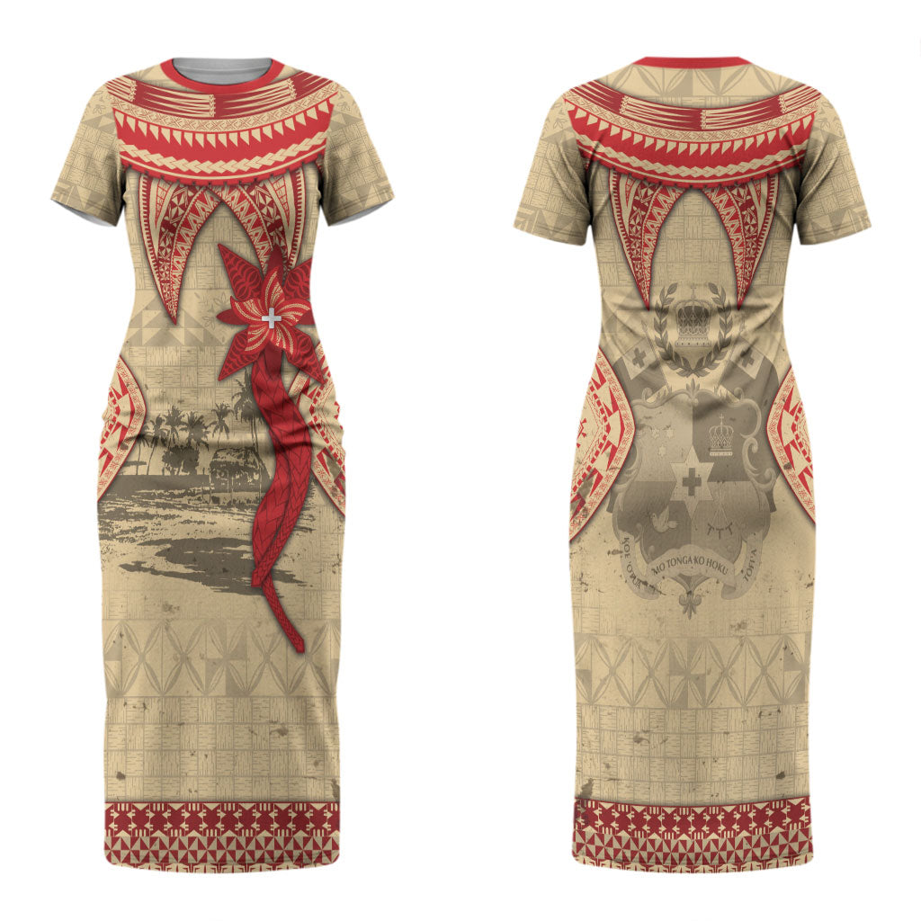 Tonga Language Week Couples Matching Short Sleeve Bodycon Dress and Long Sleeve Button Shirt Tribal Cross Ngatu Floral Pattern