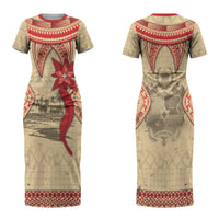 Tonga Language Week Couples Matching Short Sleeve Bodycon Dress and Long Sleeve Button Shirt Tribal Cross Ngatu Floral Pattern