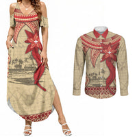 Tonga Language Week Couples Matching Summer Maxi Dress and Long Sleeve Button Shirt Tribal Cross Ngatu Floral Pattern