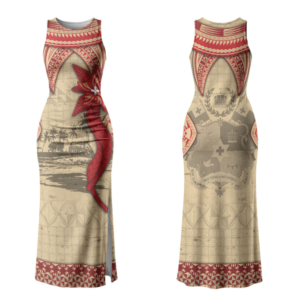Tonga Language Week Couples Matching Tank Maxi Dress and Long Sleeve Button Shirt Tribal Cross Ngatu Floral Pattern