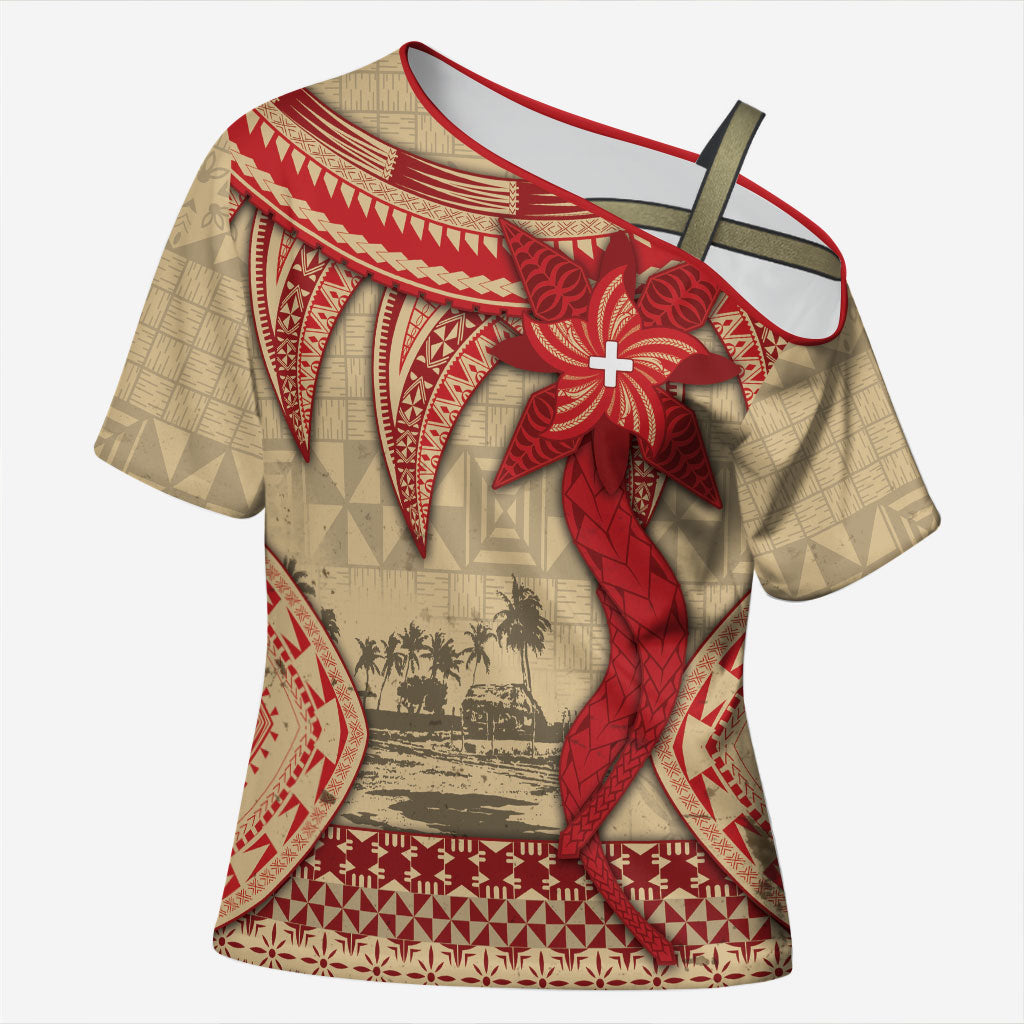 Tonga Language Week Cross Shoulder Shirt Tribal Cross Ngatu Floral Pattern