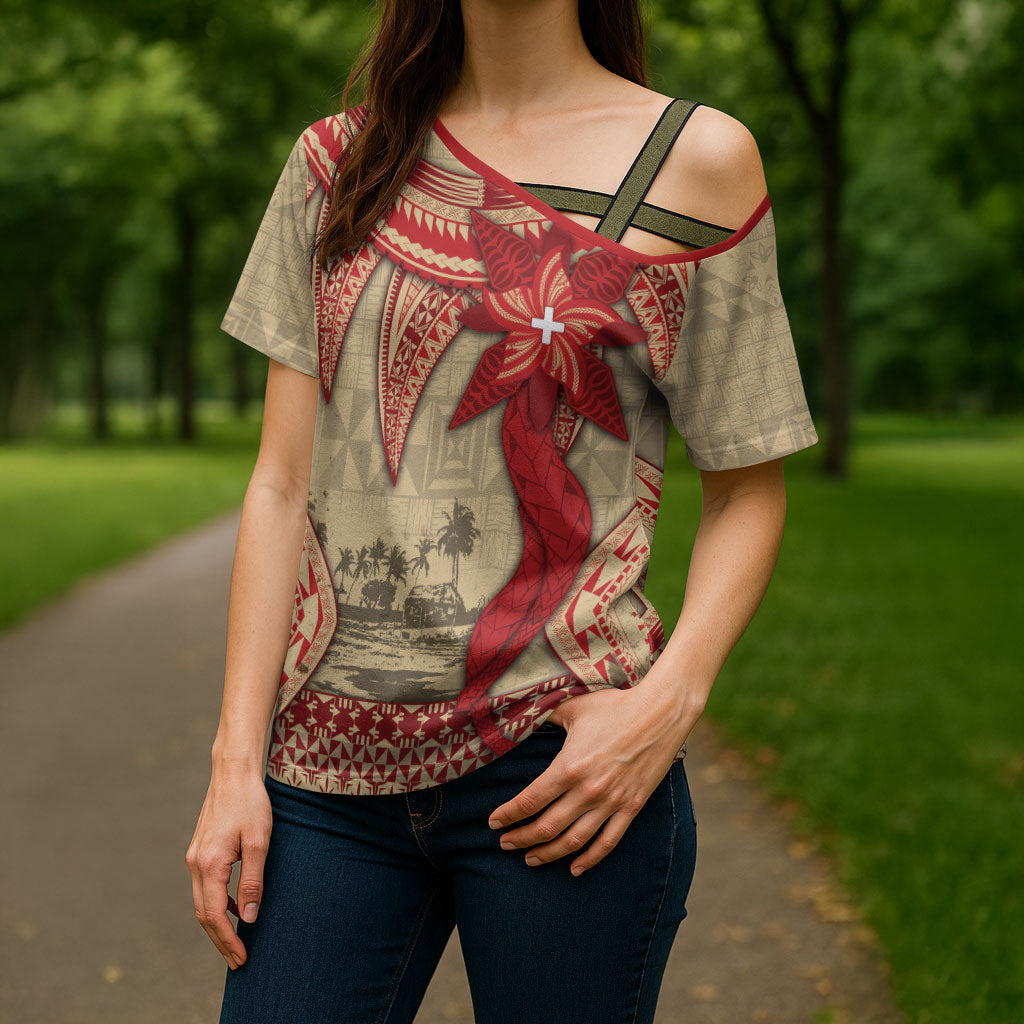 Tonga Language Week Cross Shoulder Shirt Tribal Cross Ngatu Floral Pattern
