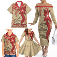 Tonga Language Week Family Matching Off The Shoulder Long Sleeve Dress and Hawaiian Shirt Tribal Cross Ngatu Floral Pattern
