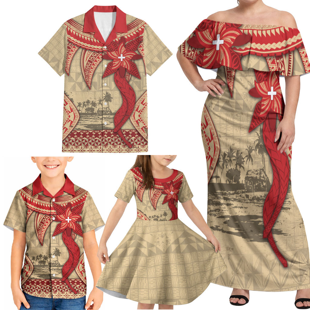 Tonga Language Week Family Matching Off Shoulder Maxi Dress and Hawaiian Shirt Tribal Cross Ngatu Floral Pattern DT05 - Polynesian Pride
