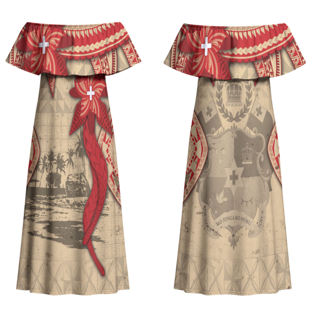 Tonga Language Week Family Matching Off Shoulder Maxi Dress and Hawaiian Shirt Tribal Cross Ngatu Floral Pattern