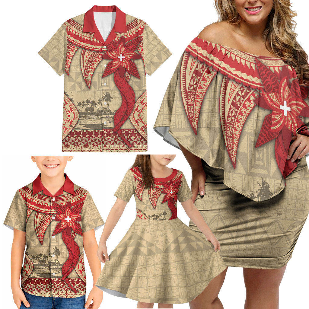 Tonga Language Week Family Matching Off Shoulder Short Dress and Hawaiian Shirt Tribal Cross Ngatu Floral Pattern