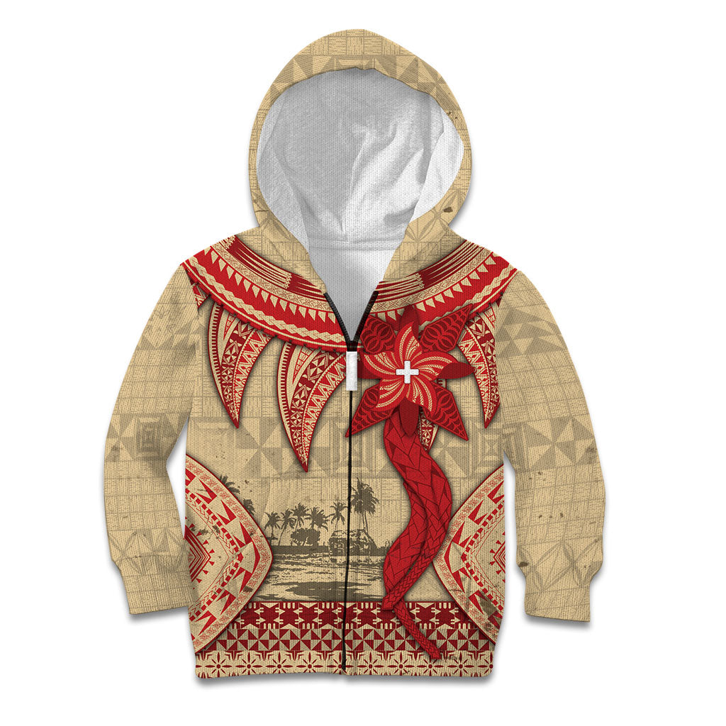 Tonga Language Week Kid Hoodie Tribal Cross Ngatu Floral Pattern