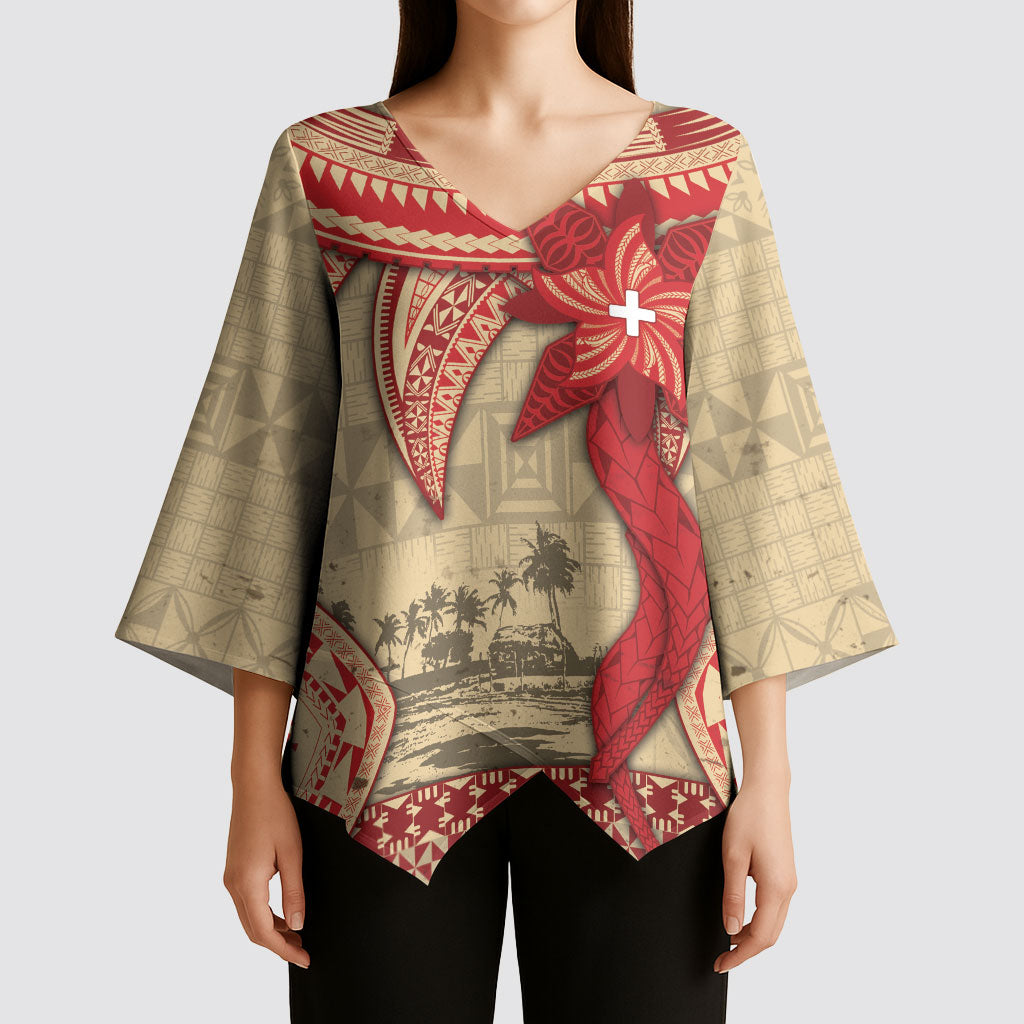 Tonga Language Week Kimono Sleeve Blouse Tribal Cross Ngatu Floral Pattern