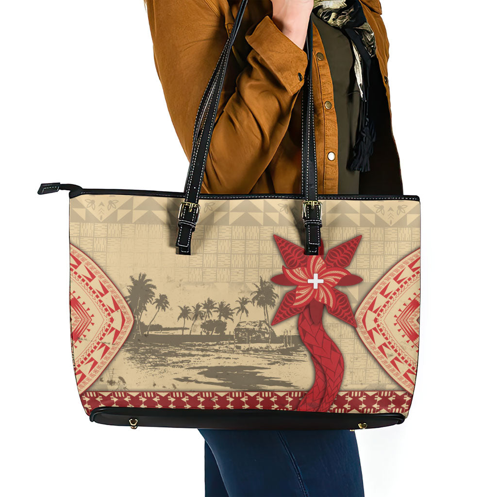 Tonga Language Week Leather Tote Bag Tribal Cross Ngatu Floral Pattern