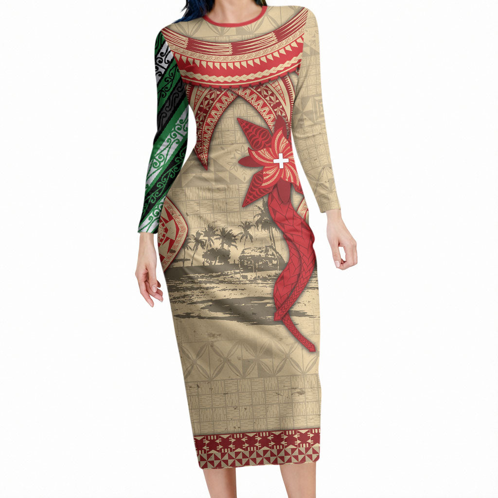 Tonga Language Week Long Sleeve Bodycon Dress Tribal Cross Ngatu Floral Pattern