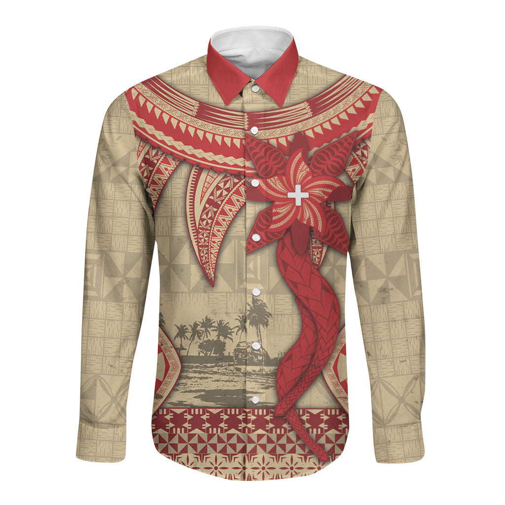 Tonga Language Week Long Sleeve Button Shirt Tribal Cross Ngatu Floral Pattern