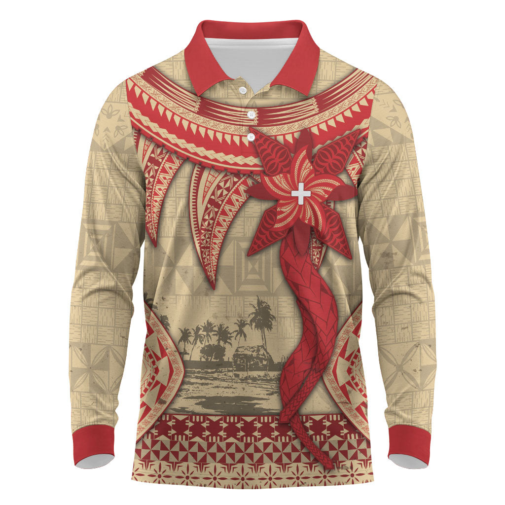 Tonga Language Week Long Sleeve Polo Shirt Tribal Cross Ngatu Floral Pattern