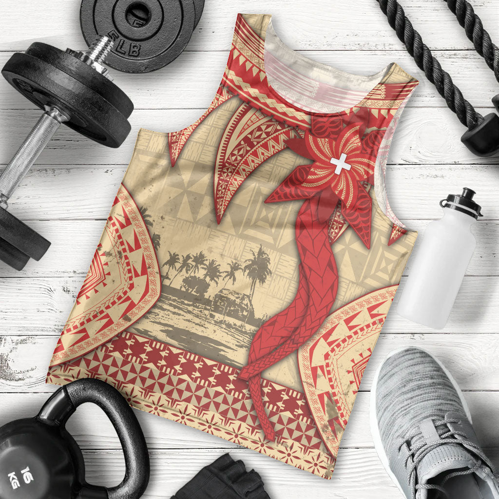 Tonga Language Week Men Tank Top Tribal Cross Ngatu Floral Pattern