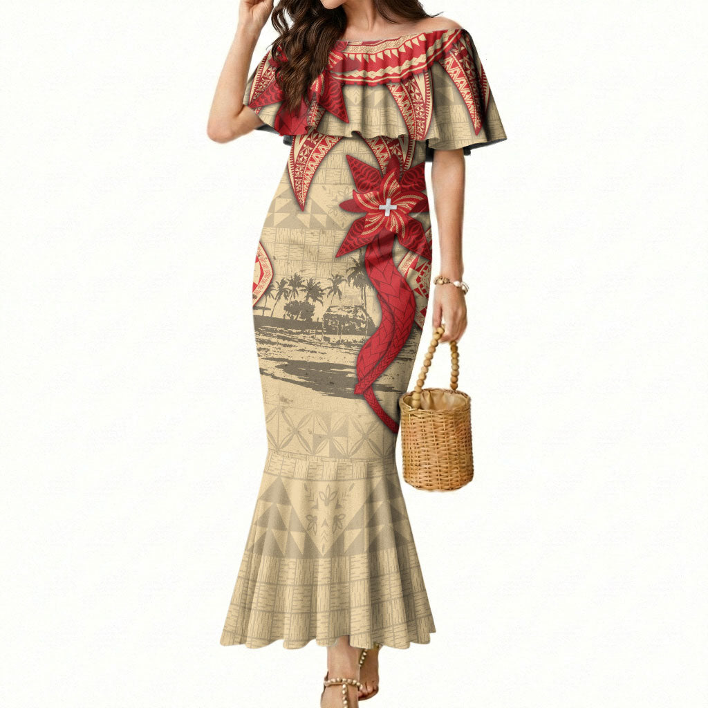 Tonga Language Week Mermaid Dress Tribal Cross Ngatu Floral Pattern