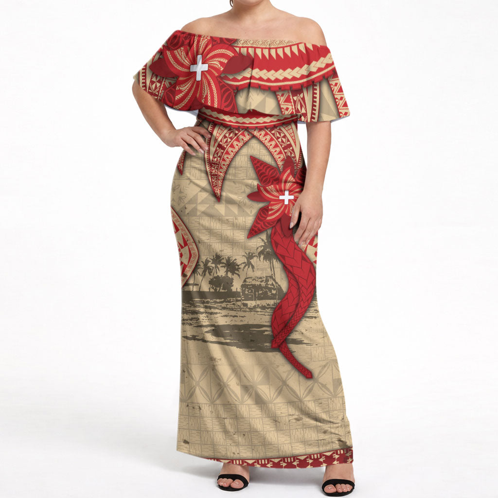 Tonga Language Week Off Shoulder Maxi Dress Tribal Cross Ngatu Floral Pattern