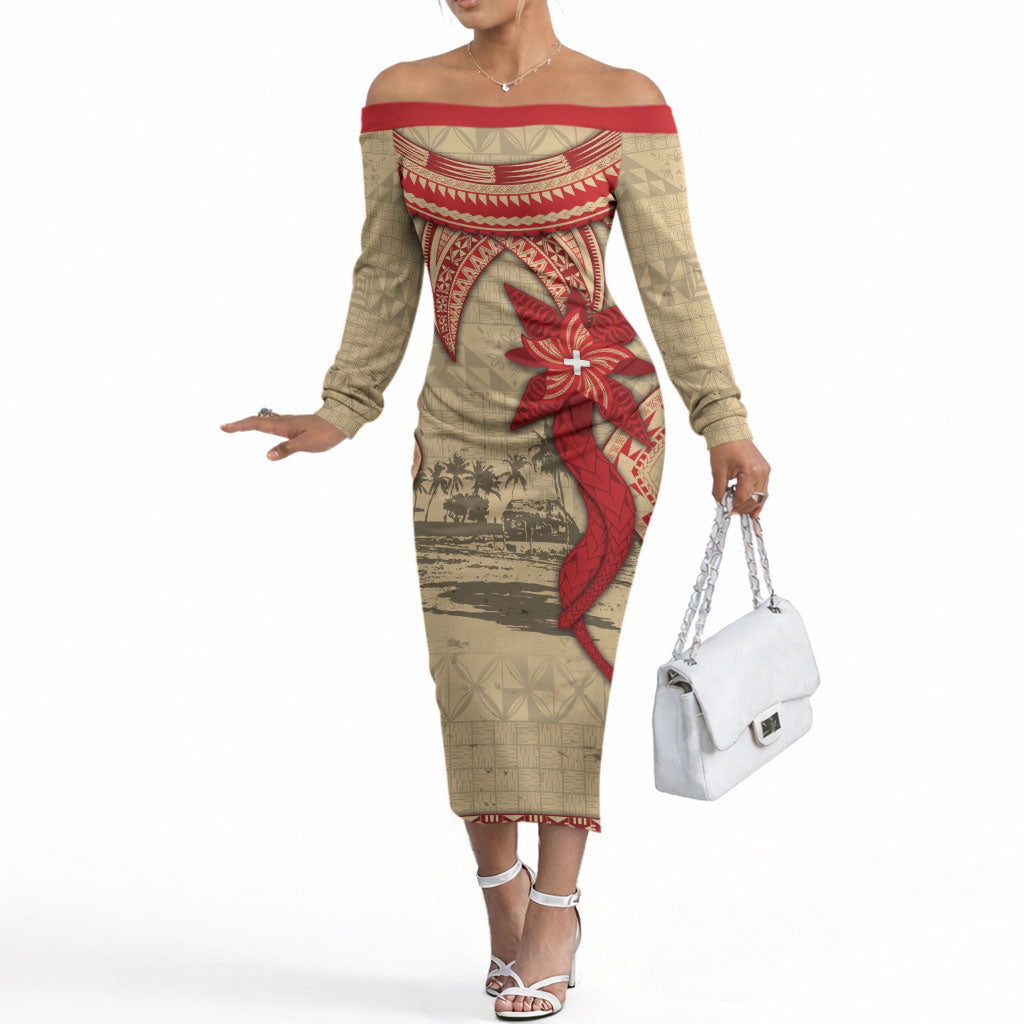 Tonga Language Week Off The Shoulder Long Sleeve Dress Tribal Cross Ngatu Floral Pattern