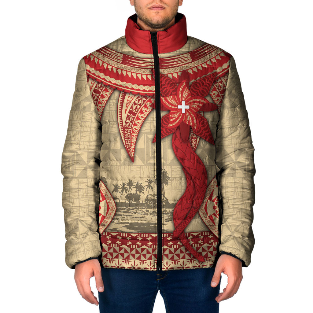 Tonga Language Week Padded Jacket Tribal Cross Ngatu Floral Pattern