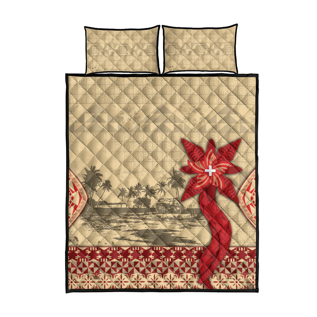 Tonga Language Week Quilt Bed Set Tribal Cross Ngatu Floral Pattern