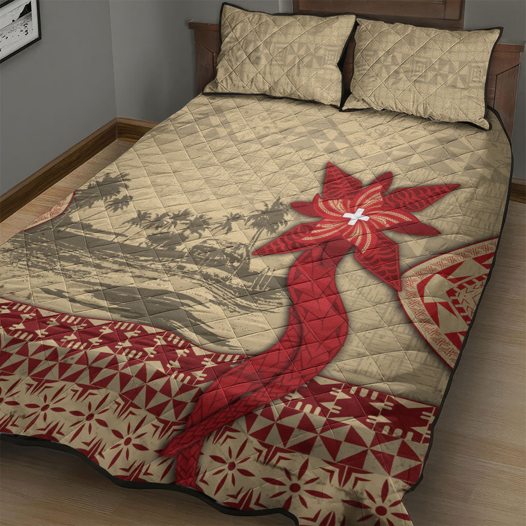 Tonga Language Week Quilt Bed Set Tribal Cross Ngatu Floral Pattern