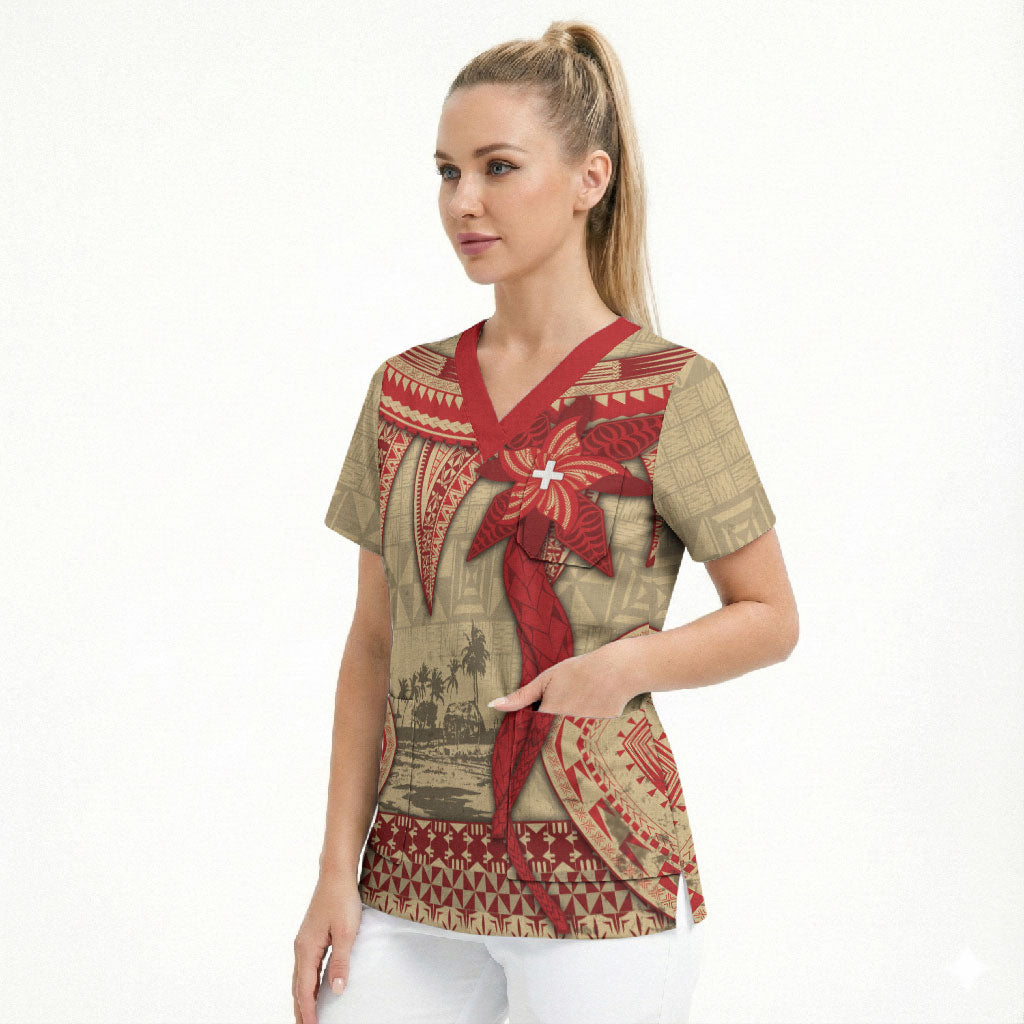 Tonga Language Week Scrub Top Tribal Cross Ngatu Floral Pattern