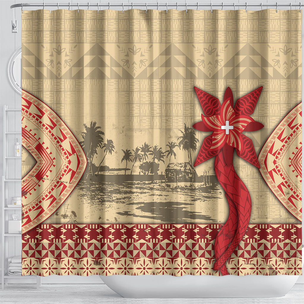 Tonga Language Week Shower Curtain Tribal Cross Ngatu Floral Pattern