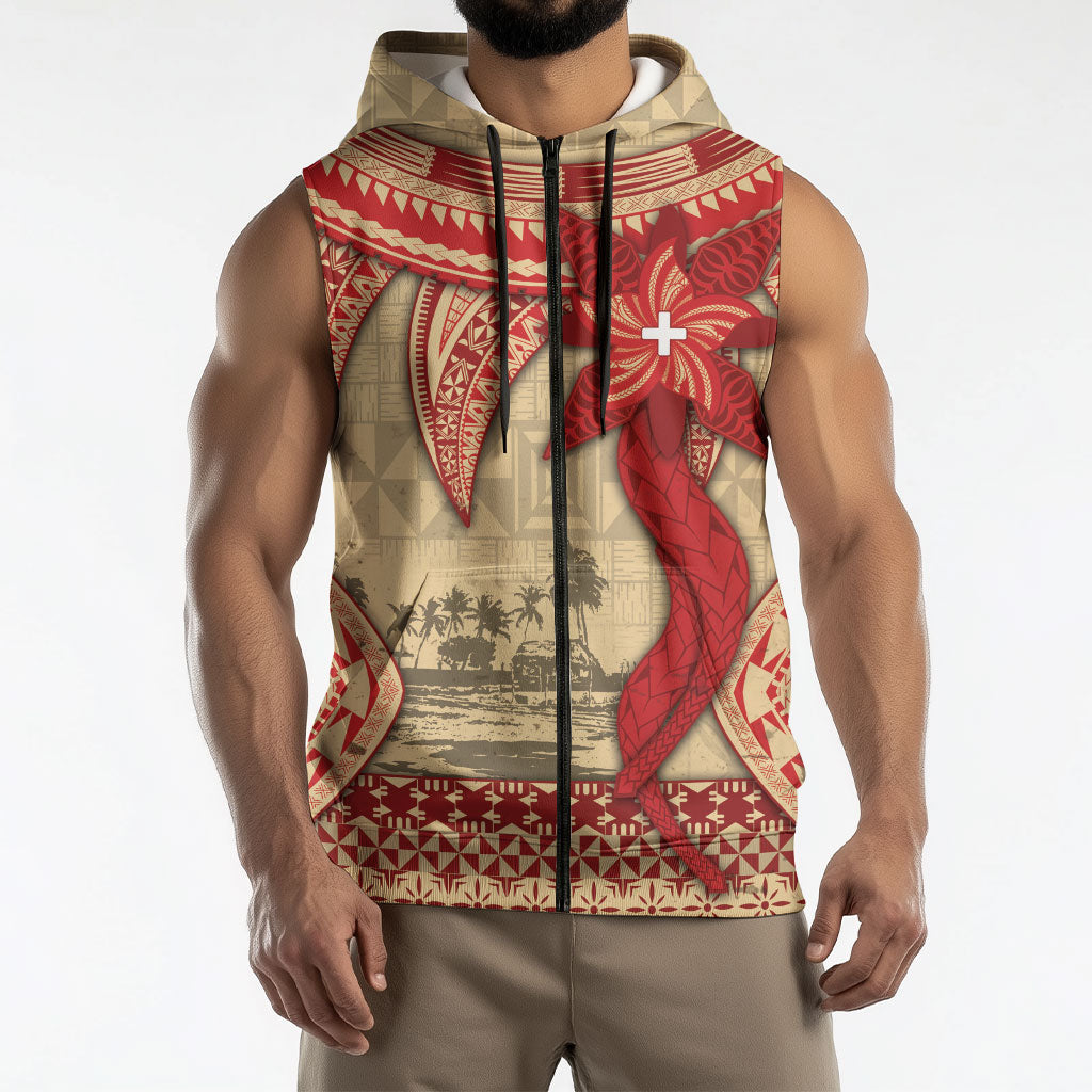 Tonga Language Week Sleeveless Zip Hoodie Tribal Cross Ngatu Floral Pattern
