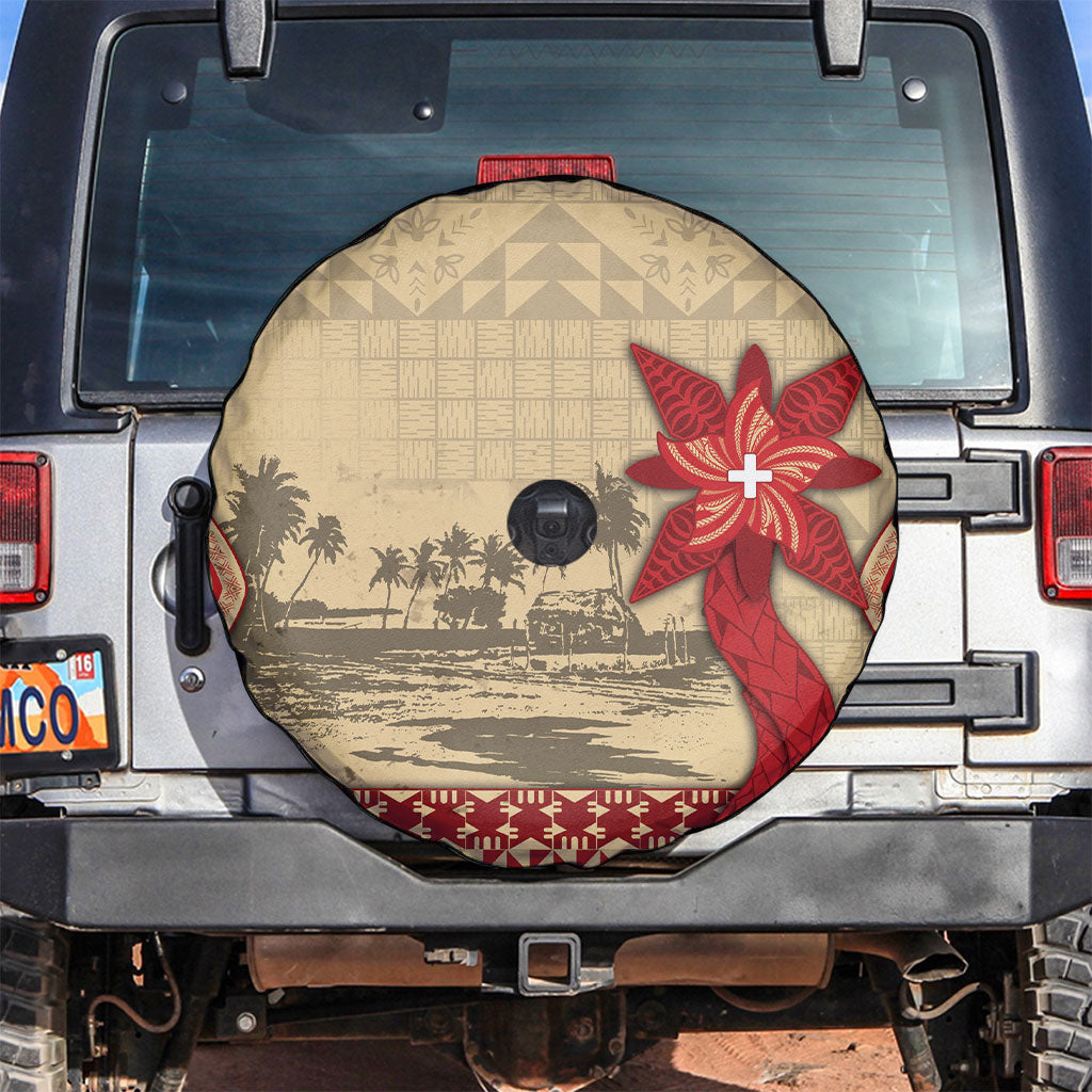 Tonga Language Week Spare Tire Cover Tribal Cross Ngatu Floral Pattern