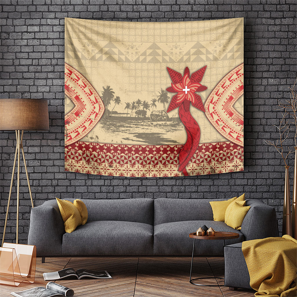 Tonga Language Week Tapestry Tribal Cross Ngatu Floral Pattern DT05 Red - Polynesian Pride
