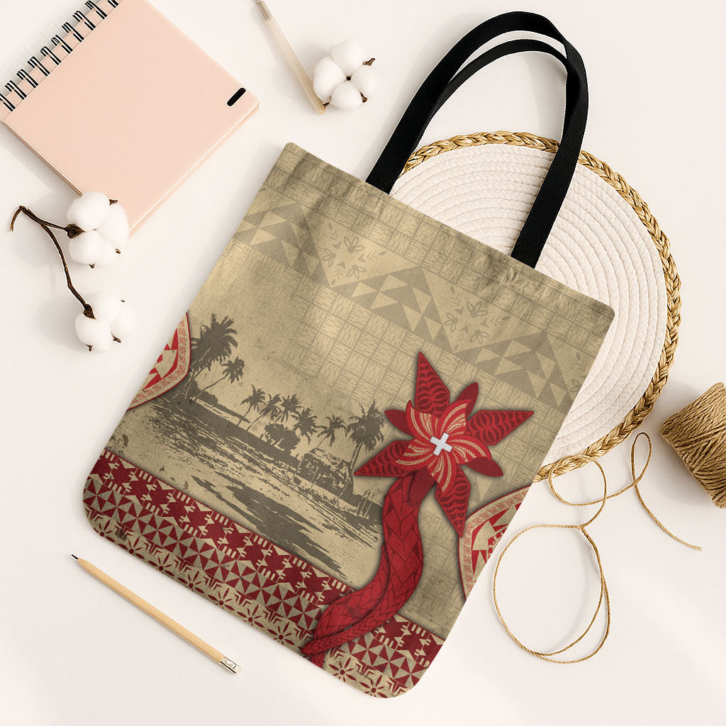 Tonga Language Week Tote Bag Tribal Cross Ngatu Floral Pattern