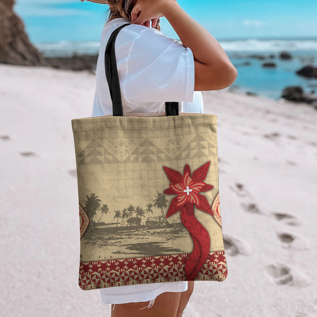 Tonga Language Week Tote Bag Tribal Cross Ngatu Floral Pattern