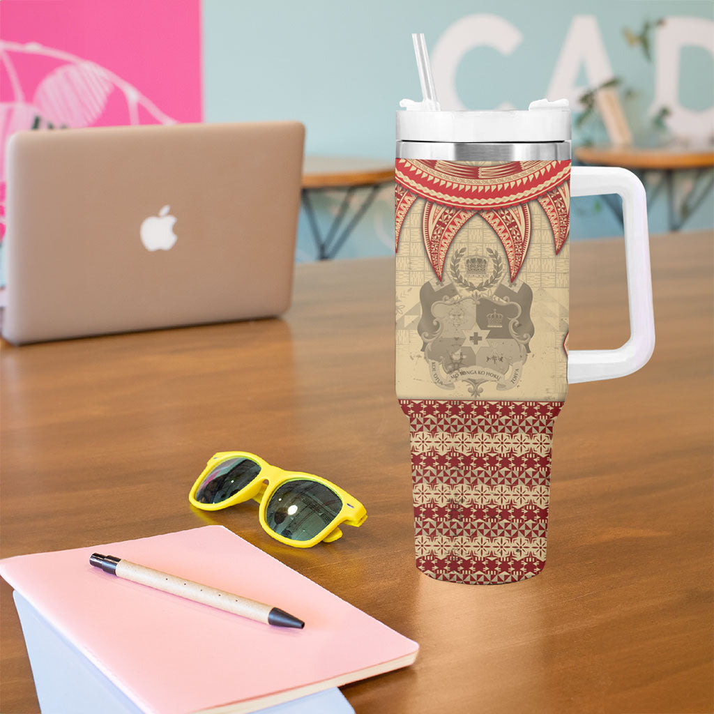 Tonga Language Week Tumbler With Handle Tribal Cross Ngatu Floral Pattern