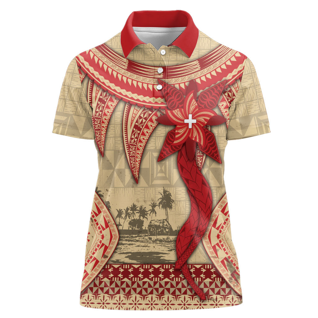 Tonga Language Week Women Polo Shirt Tribal Cross Ngatu Floral Pattern
