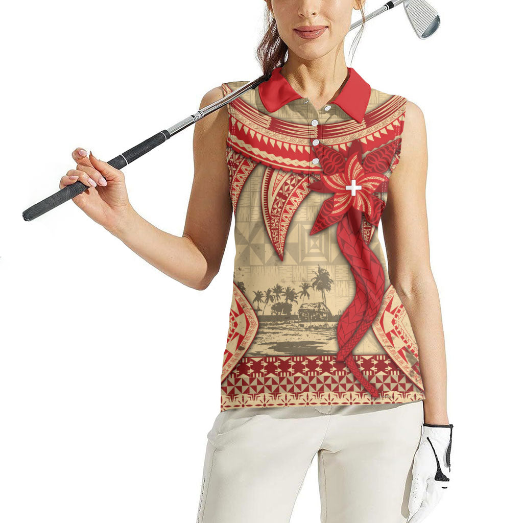 Tonga Language Week Women Sleeveless Polo Shirt Tribal Cross Ngatu Floral Pattern