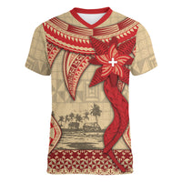 Tonga Language Week Women V-Neck T-Shirt Tribal Cross Ngatu Floral Pattern