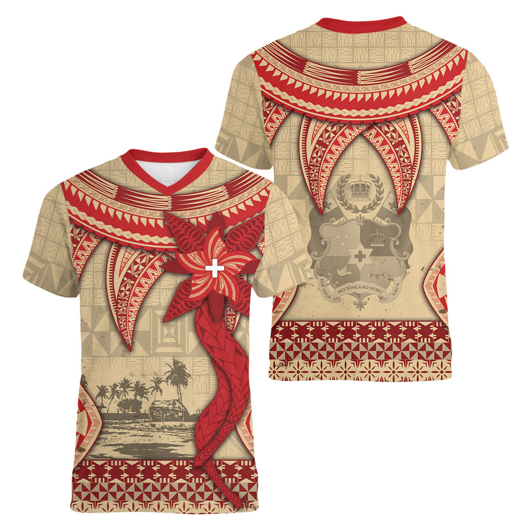 Tonga Language Week Women V-Neck T-Shirt Tribal Cross Ngatu Floral Pattern