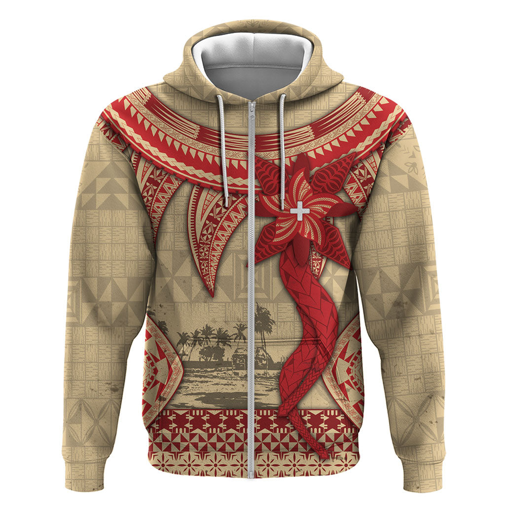 Tonga Language Week Zip Hoodie Tribal Cross Ngatu Floral Pattern DT05 Zip Hoodie Red - Polynesian Pride