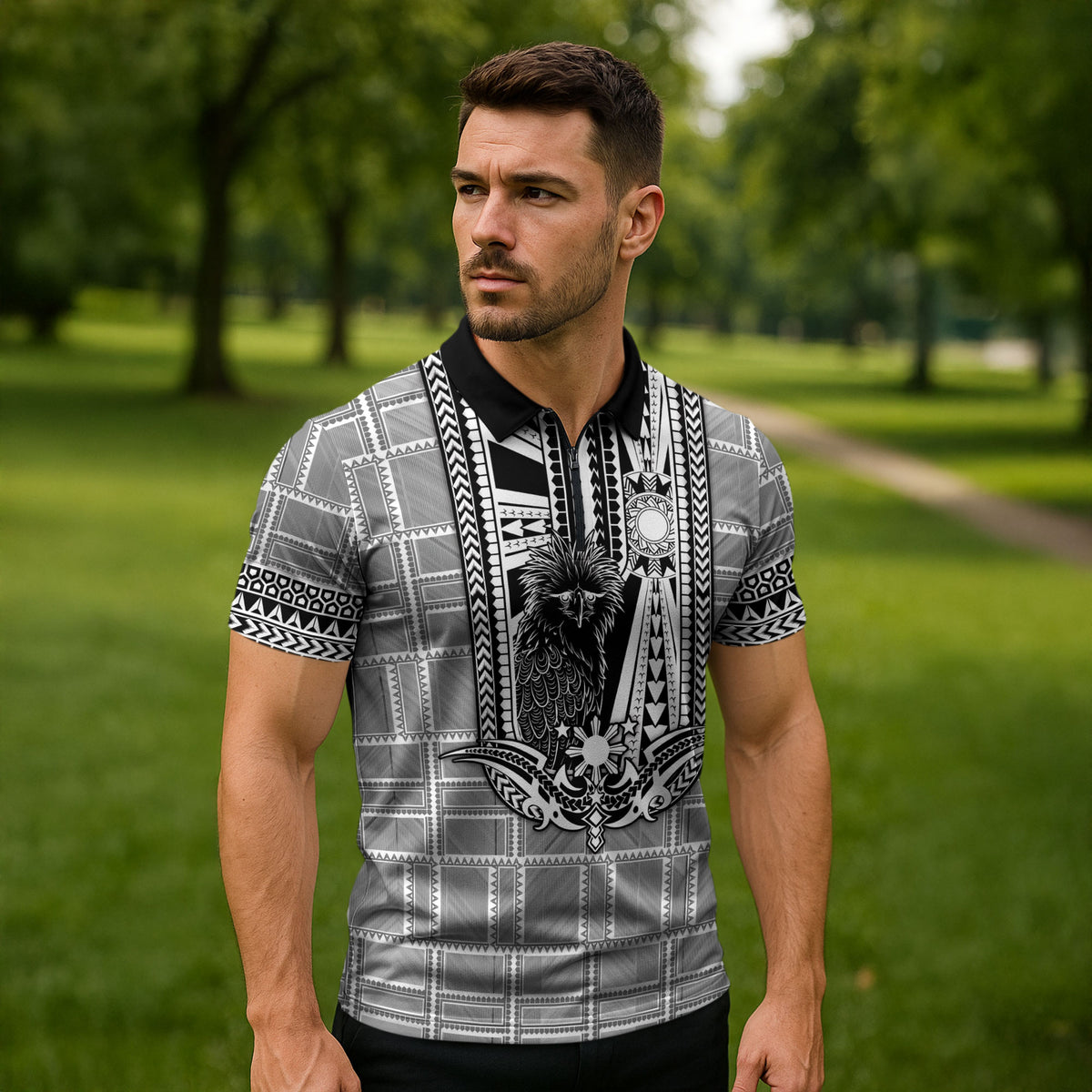 Mabuhay Philippines Festival Zipper Polo Shirt Philippine Eagle Sun Three Stars Barong Pattern DT05 - Polynesian Pride