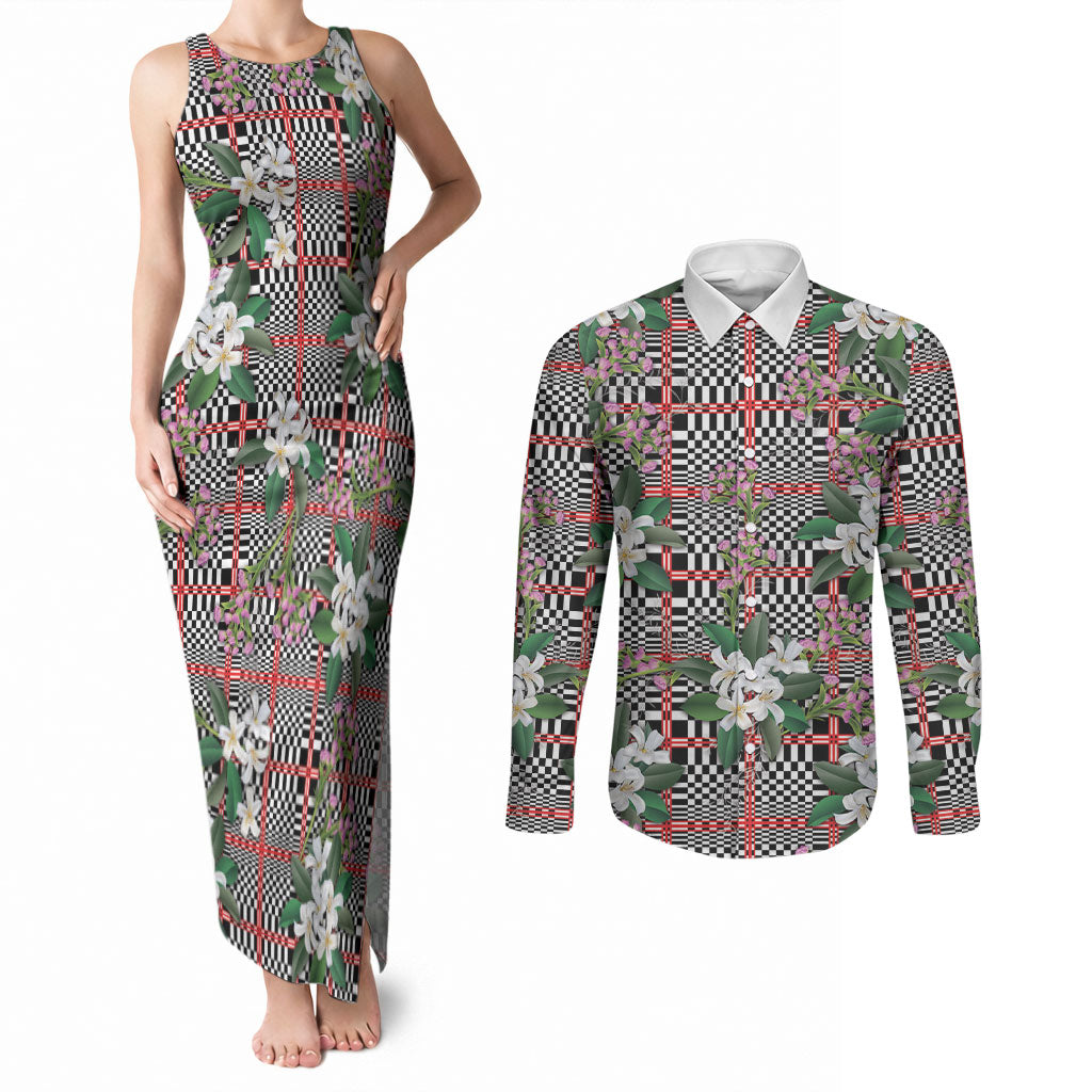 Red Binakol Motifs With Jasminum Sambac Couples Matching Tank Maxi Dress and Long Sleeve Button Shirt Mabuhay Philippines Festival