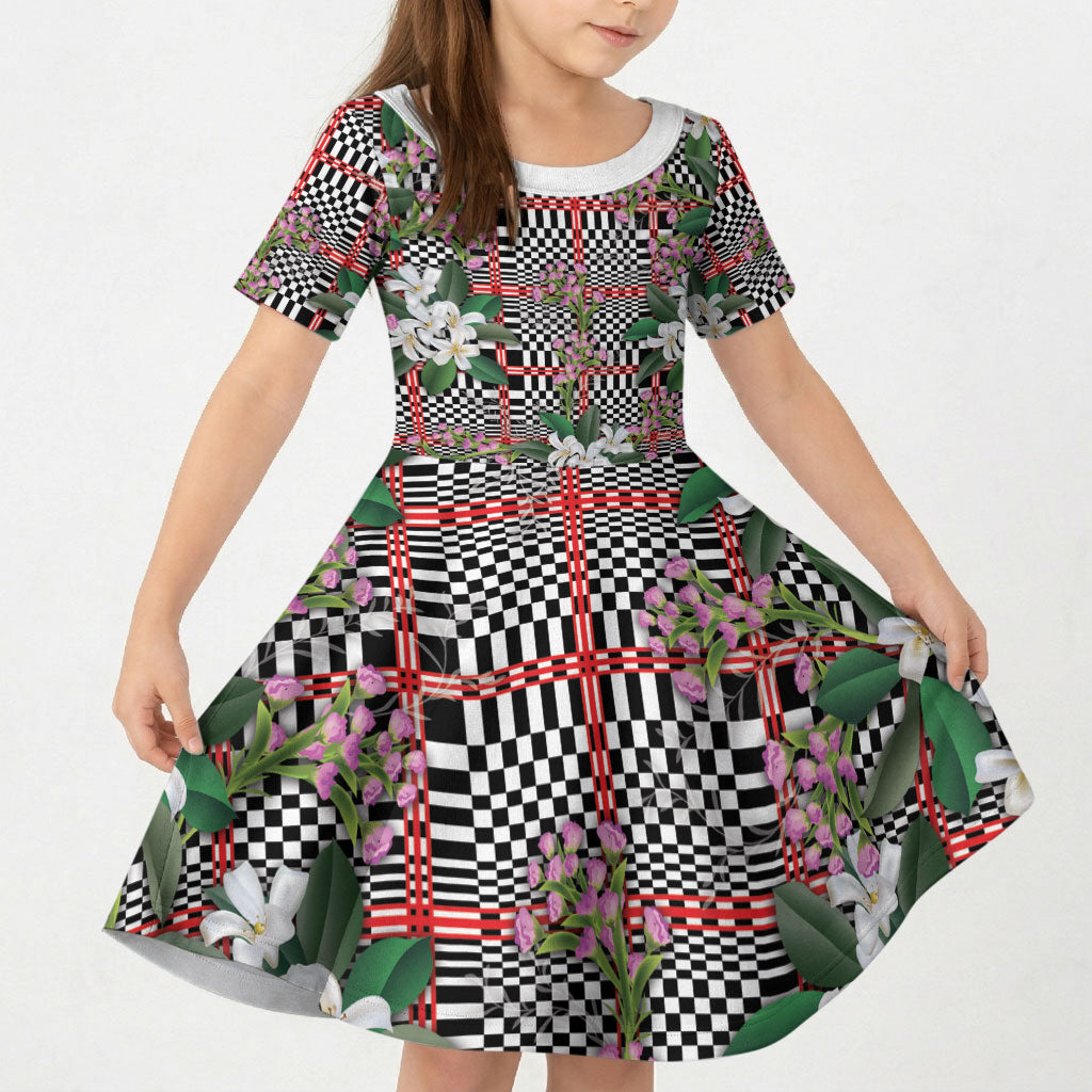 Red Binakol Motifs With Jasminum Sambac Kid Short Sleeve Dress Mabuhay Philippines Festival