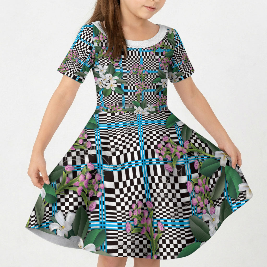 Blue Binakol Motifs With Jasminum Sambac Kid Short Sleeve Dress Mabuhay Philippines Festival