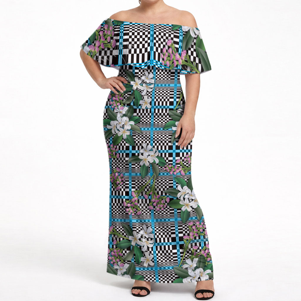 Blue Binakol Motifs With Jasminum Sambac Off Shoulder Maxi Dress Mabuhay Philippines Festival DT05 Women Blue - Polynesian Pride