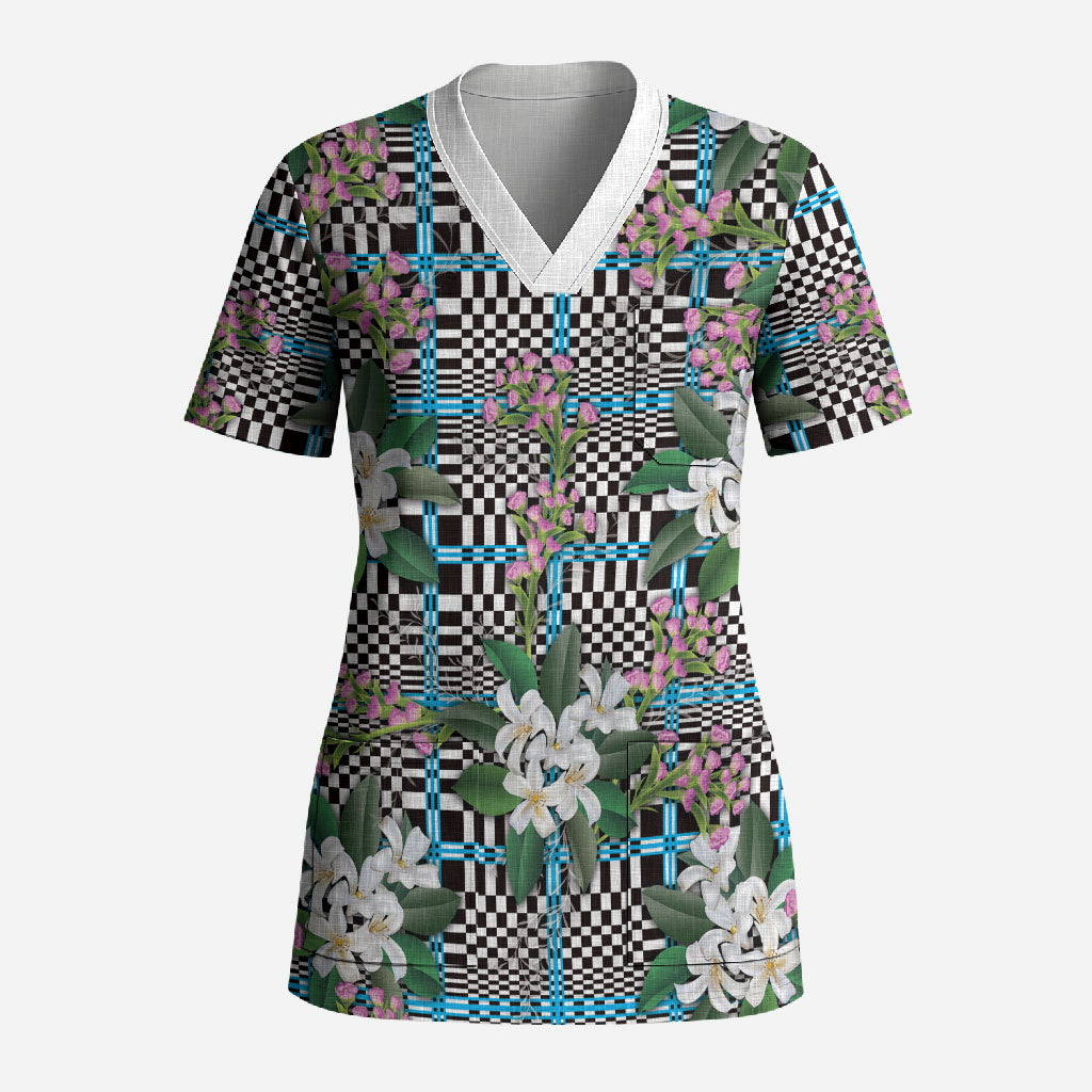 Blue Binakol Motifs With Jasminum Sambac Scrub Top Mabuhay Philippines Festival DT05 Adult Blue - Polynesian Pride
