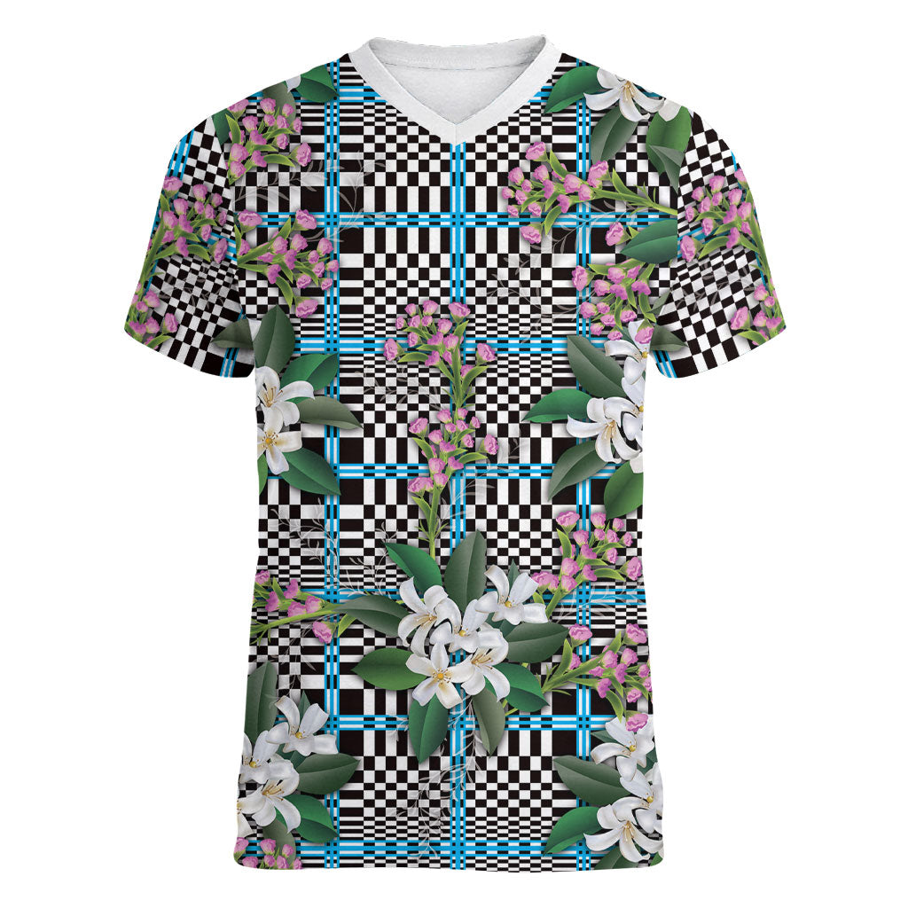Blue Binakol Motifs With Jasminum Sambac Women V-Neck T-Shirt Mabuhay Philippines Festival DT05 Female Blue - Polynesian Pride