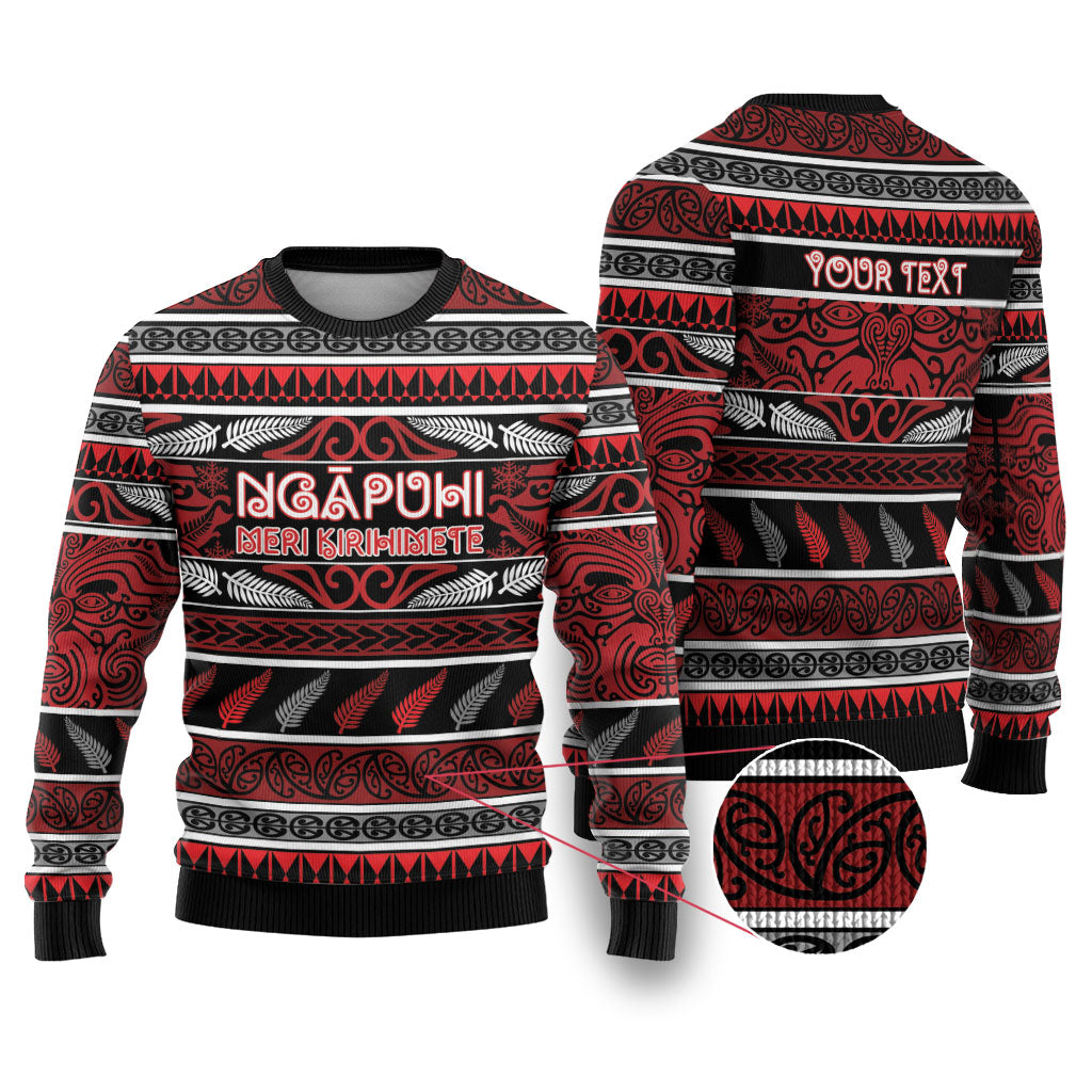 Personalised Ngapuhi Aotearoa Meri Kirihimete Ugly Christmas Sweater Maori Silver Fern Koru Tribal Pattern
