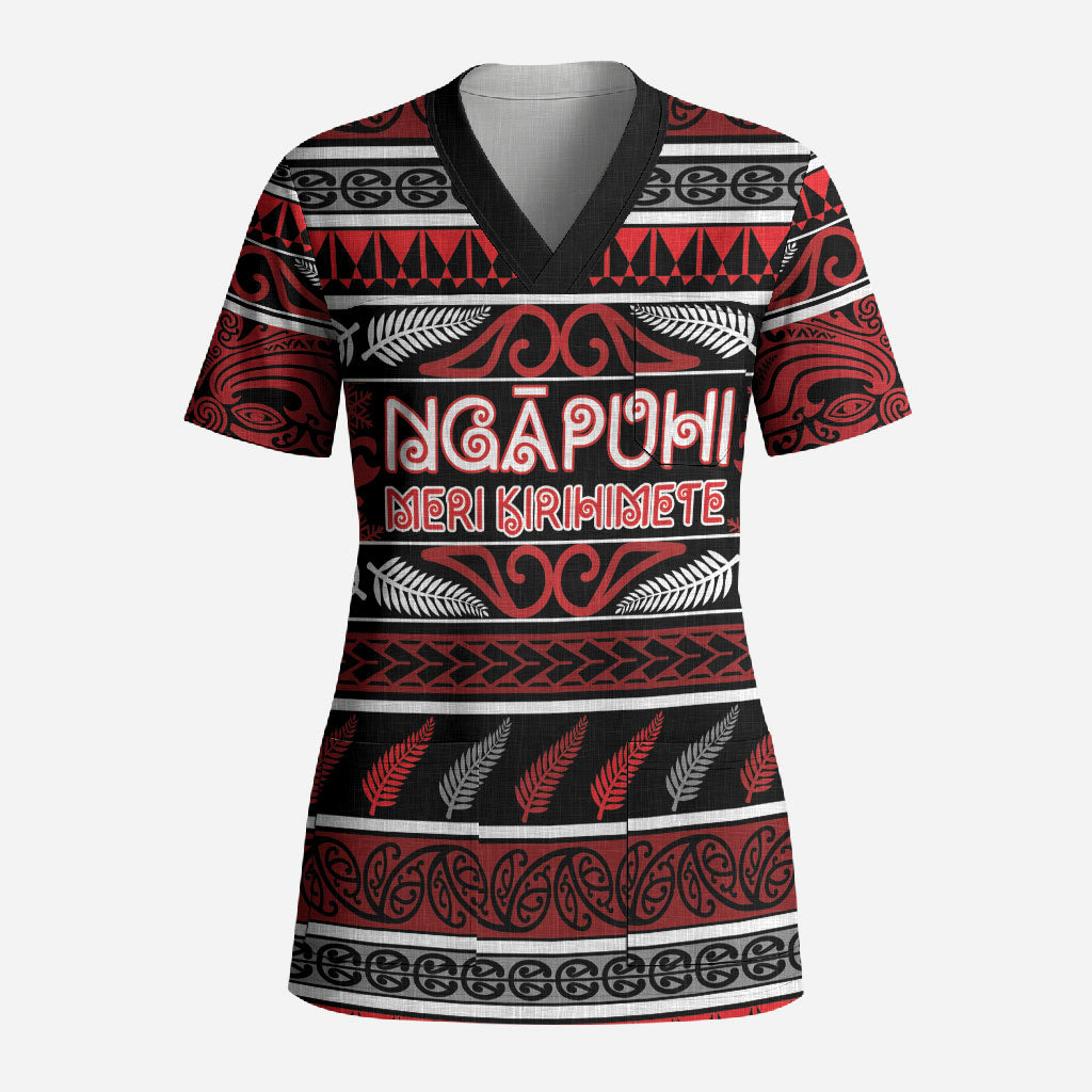 Personalised Ngapuhi Aotearoa Meri Kirihimete Scrub Top Maori Silver Fern Koru Tribal Pattern DT05 Adult Red - Polynesian Pride