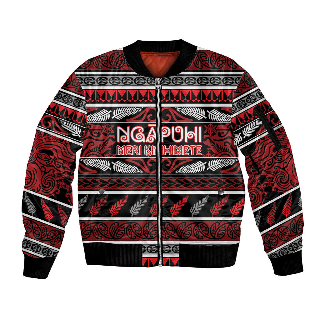 Personalised Ngapuhi Aotearoa Meri Kirihimete Sleeve Zip Bomber Jacket Maori Silver Fern Koru Tribal Pattern DT05 Unisex Red - Polynesian Pride