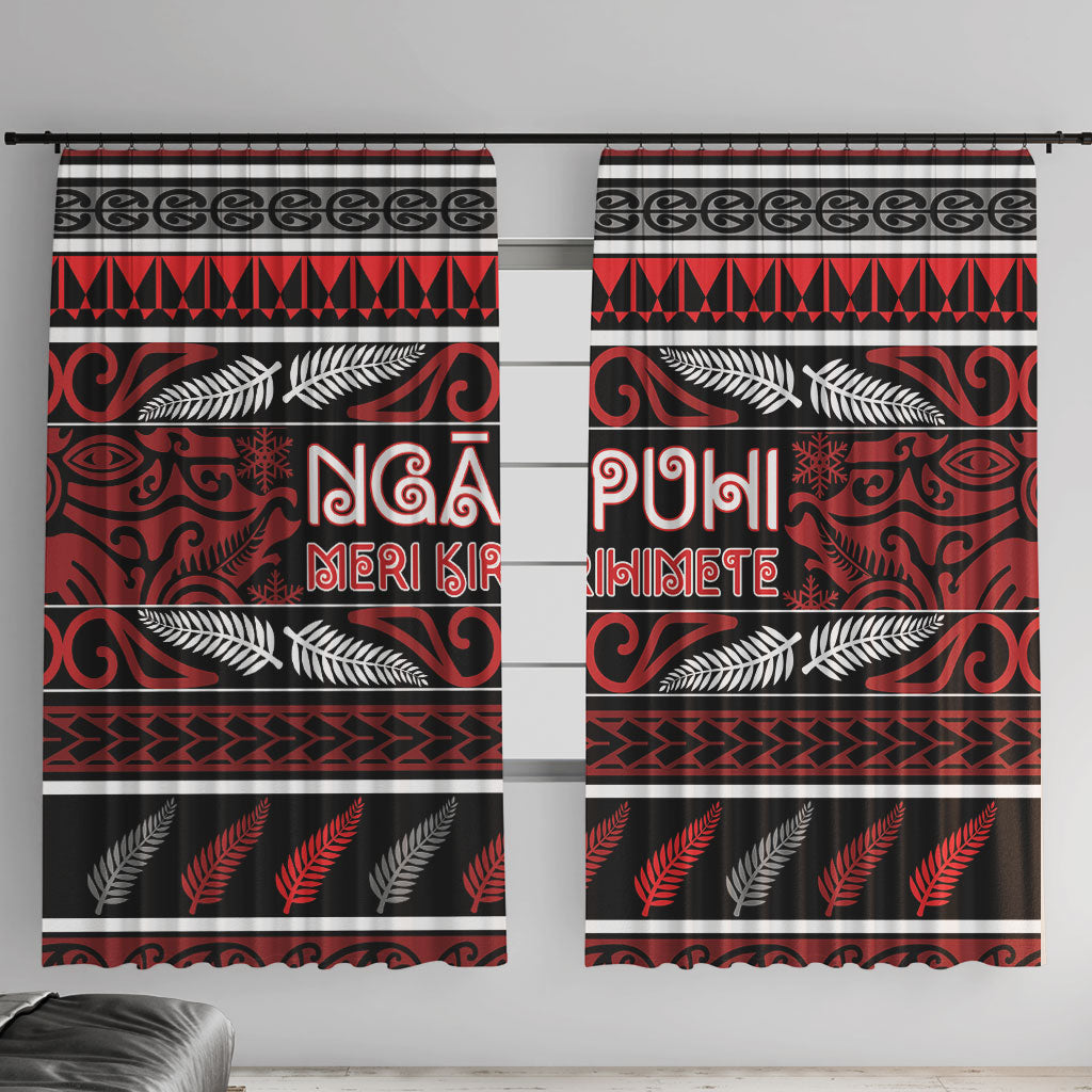 Ngapuhi Aotearoa Meri Kirihimete Window Curtain Maori Silver Fern Koru Tribal Pattern DT05 With Hooks Red - Polynesian Pride